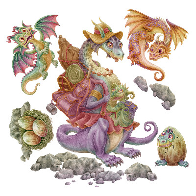 Muur stickers 100x122 Een sprookjesachtige familie van kleurrijke draken in pasteltinten