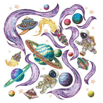 Muur stickers 100x172 Astronautenraketten tegen een pastelkleurige planetaire achtergrond