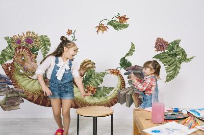 Muurstickers 130x194 Rode dinosaurus met tekeningen en vegetatie