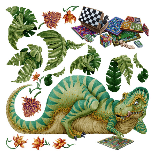Muurstickers 130x165 Een dinosaurus in cartoonstijl met bladeren en bloemen