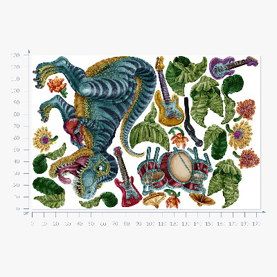 Muurstickers 130x193 Muzikale tekenfilmdinosaurus met instrumenten