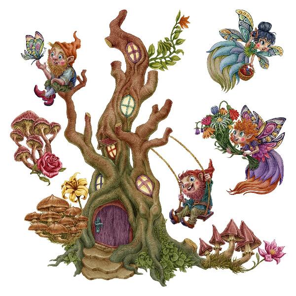 Muurstickers 130x135 Bosmagie met feeën en dwergen