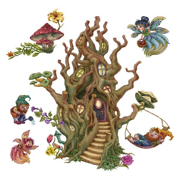 Muurstickers 130x173 Boswezens, feeën, kabouters en een boomhut