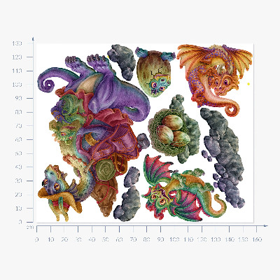 Muurstickers 130x158 Kleurrijke draken sprookjesfamilie in illustratieve stijl