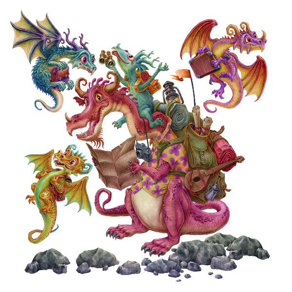 Muurstickers 130x174 Een sprookjesachtige drakenfamilie in een tekenfilmversie