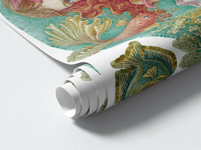 Muurstickers 130x129 Een zeemeermin in cartoonstijl met onderwaterschelpen