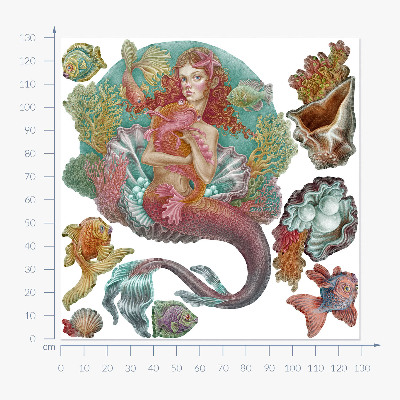 Muurstickers 130x129 Een zeemeermin in cartoonstijl met onderwaterschelpen