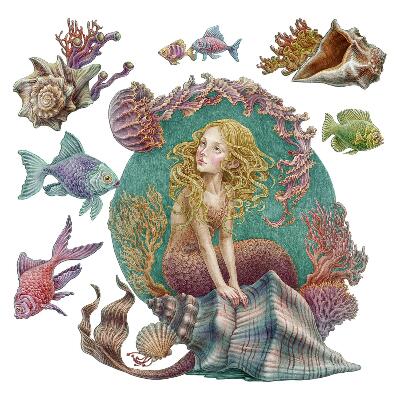 Muurstickers 130x115 Een zeemeermin tussen de schelpen van onderwaterverhalen