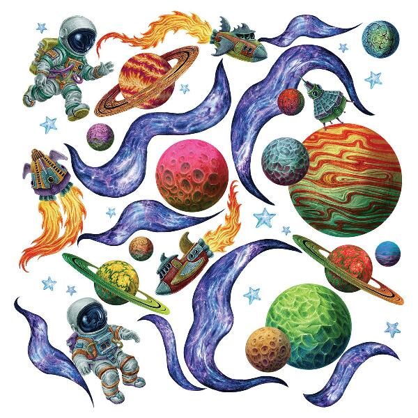 Muurstickers 130x201 Ruimteraketreis met astronauten en planeten