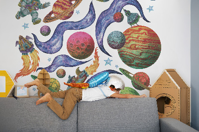 Muurstickers 130x201 Ruimteraketreis met astronauten en planeten