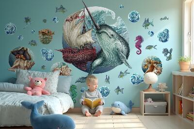 Muurstickers 130x142 Een onderwaterland vol tekenfilmwezens