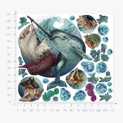 Muurstickers 130x142 Een onderwaterland vol tekenfilmwezens