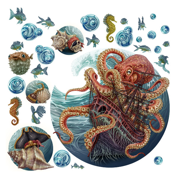 Muurstickers 130x156 Een sprookjesachtige onderwaterwereld met een octopus en een schip