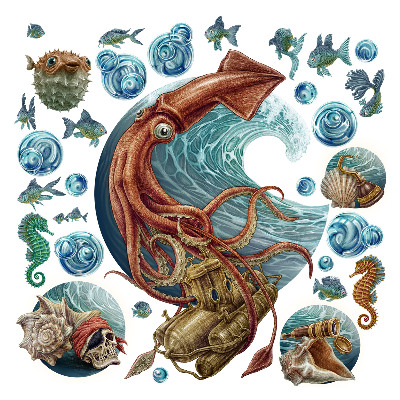 Muurstickers 130x131 Het magische land van onderwaterwezens in een tekening