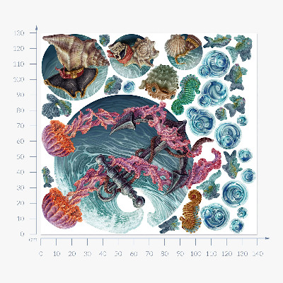 Muurstickers 130x139 Een onderwatersprookje met zeekwallen in de tekening