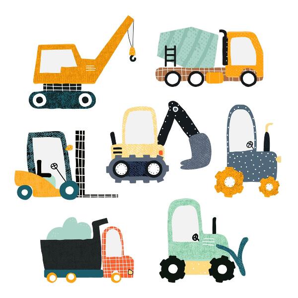 Muurstickers 130x197 Werkvoertuigen in bouwkleuren