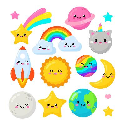 Muurstickers 130x218 Regenboogruimtethema met raket en planeten