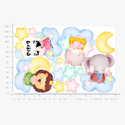 Muurstickers 130x199 Schattige dieren in wolken en sterren aquarel pastel
