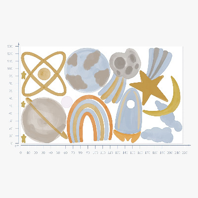 Muurstickers 130x217 Een ruimte-illustratie van planeten en sterren in pastelkleuren.