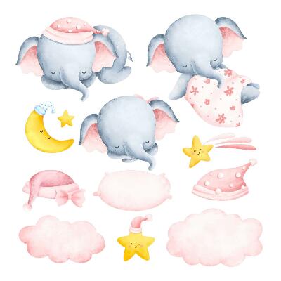 Muurstickers 130x198 Olifanten en wolken in pastelkleurige aquarelstijl