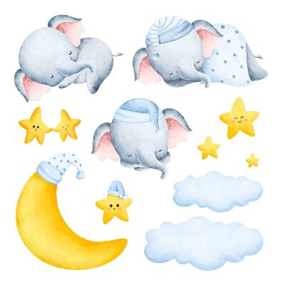 Muurstickers 130x177 Olifanten en wolken in een pastelparadijs