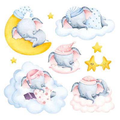 Muurstickers 130x182 Pastelkleurige olifanten en wolken in aquarelstijl