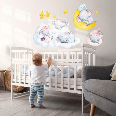 Muurstickers 130x182 Pastelkleurige olifanten en wolken in aquarelstijl