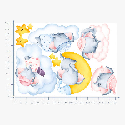 Muurstickers 130x182 Pastelkleurige olifanten en wolken in aquarelstijl