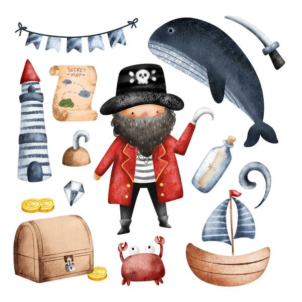 Muurstickers 130x179 Piratenwereld in pastelkleurige waterverf