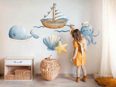 Muurstickers 130x172 Zeedieren en een boot in pastelwaterverf