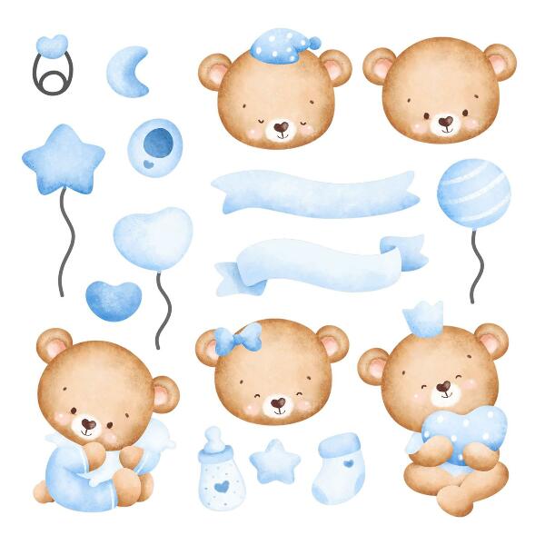 Muurstickers 130x181 Pastelkleurige aquarel teddyberen in een charmante stijl