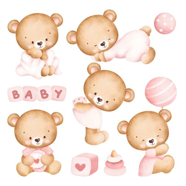 Muurstickers 130x227 Pastelkleurige aquarel teddyberen in een charmante uitvoering