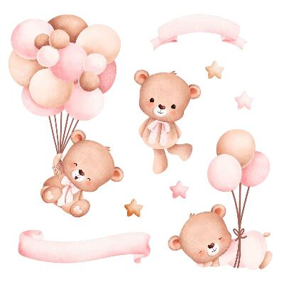 Muurstickers 130x189 Teddyberen met ballonnen in pastelwaterverf