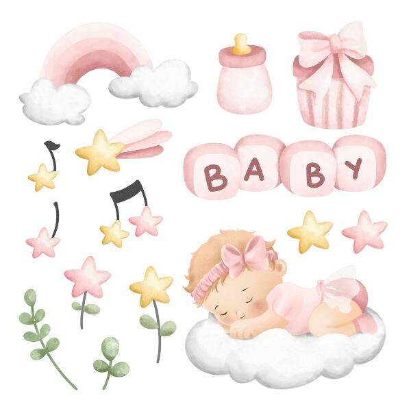 Muurstickers 130x185 Pastelkleurige aquareldecoraties voor een kleine prinses