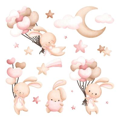 Muurstickers 130x234 Konijntjes met ballonnen in pastelkleurige aquareltinten