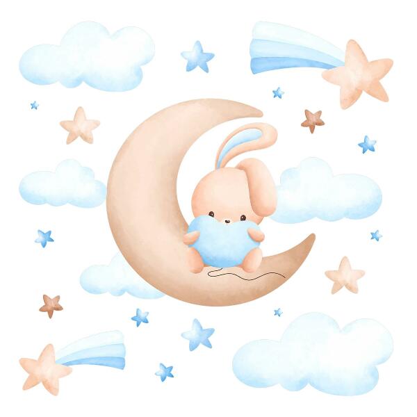 Muurstickers 130x214 Wolkenkonijn op een pastelmaan