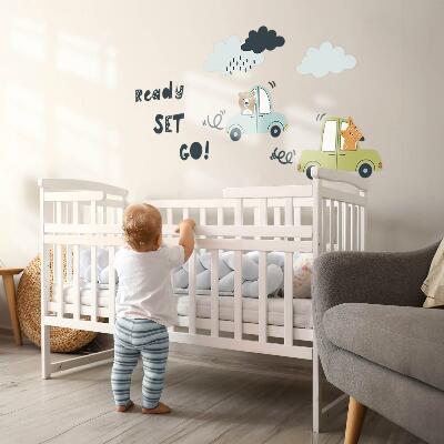 Muurstickers 130x175 Klaar om te gaan! Pastelkleurige dieren in auto's