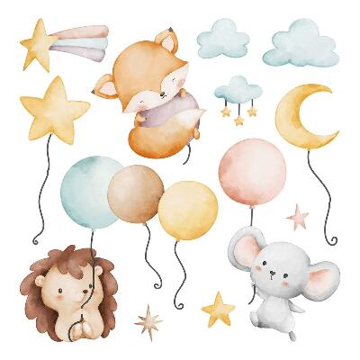 Muurstickers 130x225 Schattige boho-dieren met pastelkleurige ballonnen