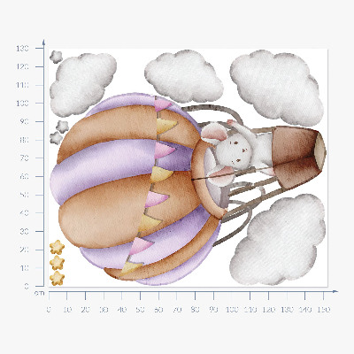 Muurstickers 130x152 De reis van een ballonmuis in pastelkleurige wolken