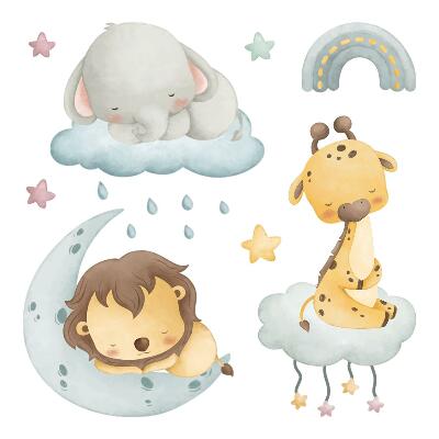 Muurstickers 130x197 Schattige dieren in pastelhemel