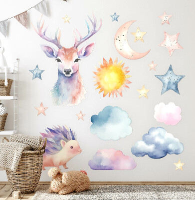 Muurstickers 130x143 Pastel aquarel dieren en lucht