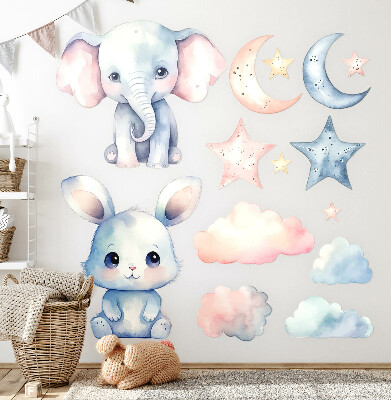 Muurstickers 130x224 Schattige dieren aan de pastelkleurige nachthemel