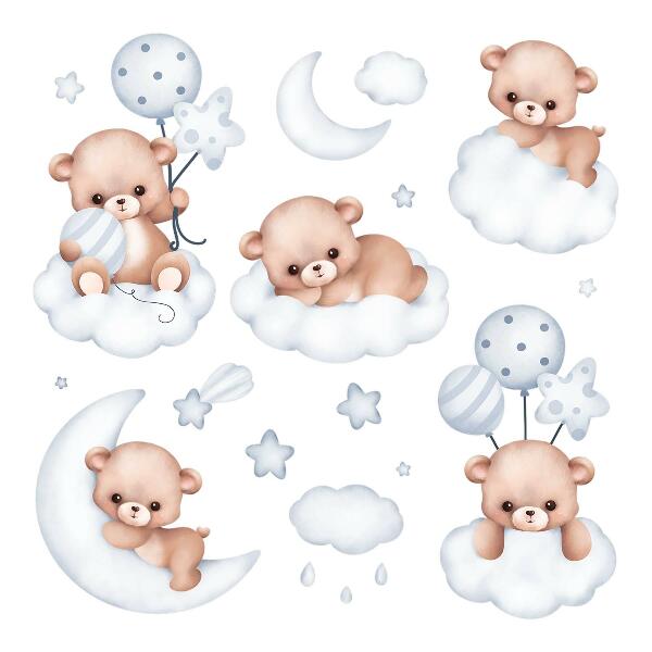 Muurstickers 130x229 Schattige teddyberen in wolken in pasteltinten