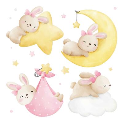 Muurstickers 130x191 Konijntjes in de nachtelijke hemel aquarel pastel