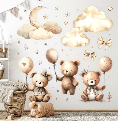 Muurstickers 130x192 Beige teddyberen in wolken met boho-ballonnen