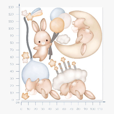 Muurstickers 130x114 Konijntjes met ballonnen in de nachtelijke hemel aquarel