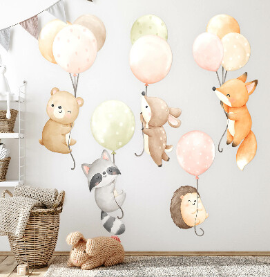 Muurstickers 130x201 Schattige dieren zwevend op ballonnen in waterverf