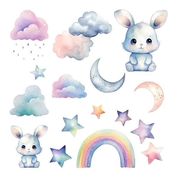 Muurstickers 130x174 Konijntjes in een pastelkleurige lucht met een regenboog en sterren