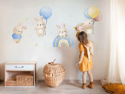 Muurstickers 130x203 Konijntjes met ballonnen in een pastelkleurige regenboog