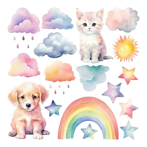 Muurstickers 130x177 Schattige dieren in pastelhemel